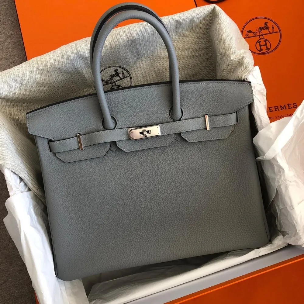 Hermès Birkin Limited Edition 35 Gris Mouette/Bleu Agate Verso Togo Palladium Hardware PHW