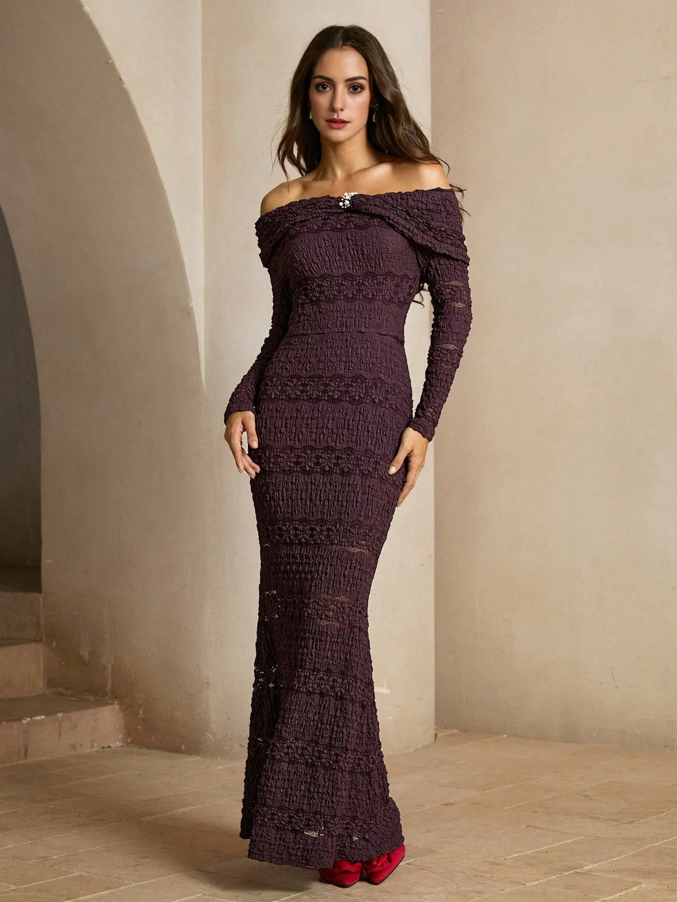 Isabella Purple Elegant Faux Open Shoulder Mermaid Hem Dress