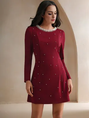 Isabella Rhinestone & Pearl Decor Waisted Slimming Elegant Dress