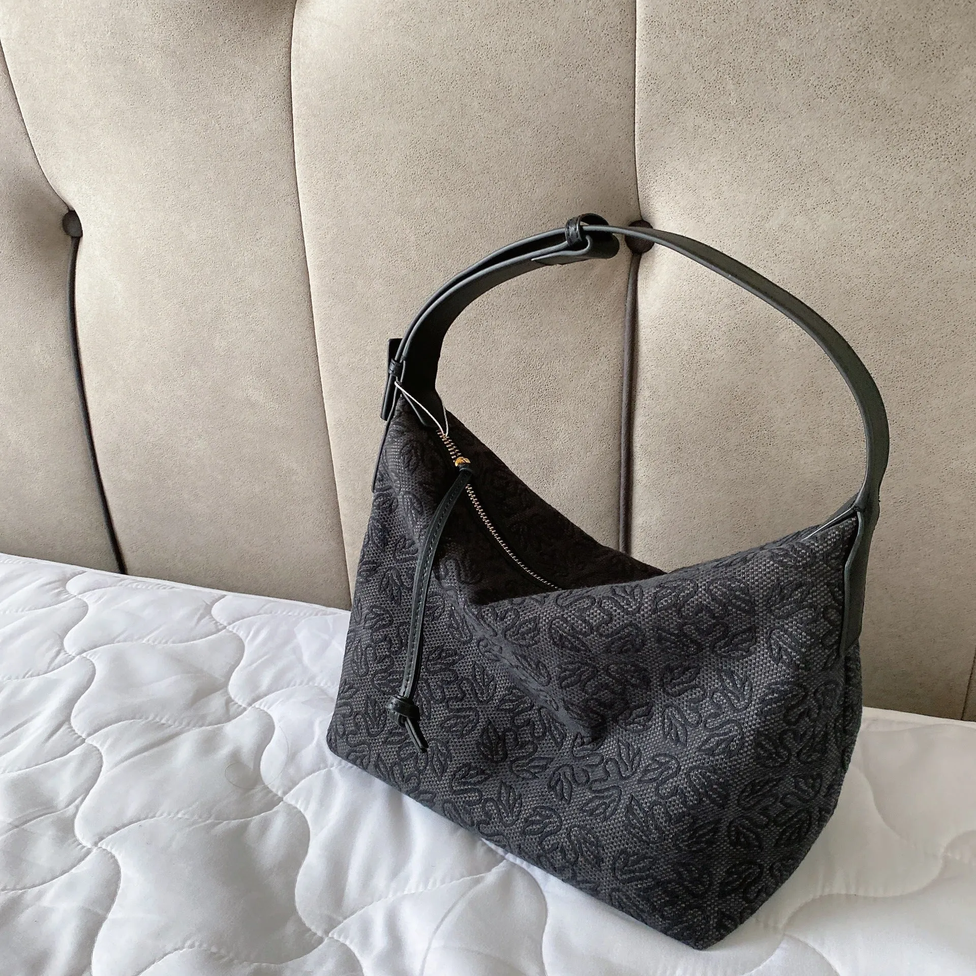 Jacquard Canvas Hobo Bag With Leather Trim