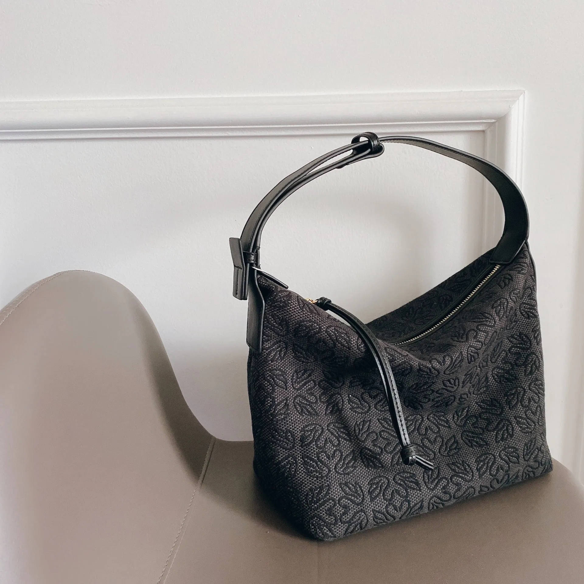 Jacquard Canvas Hobo Bag With Leather Trim