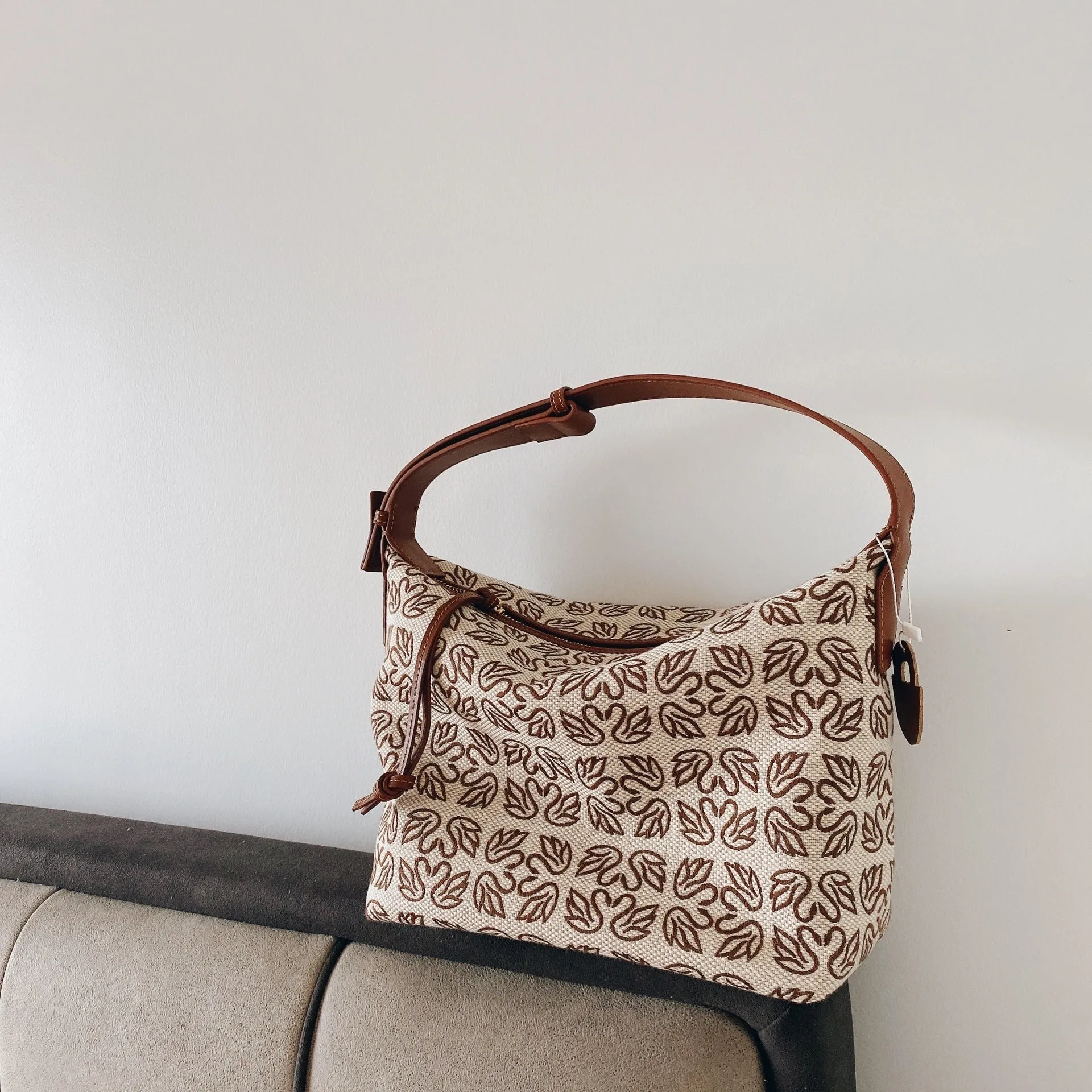 Jacquard Canvas Hobo Bag With Leather Trim