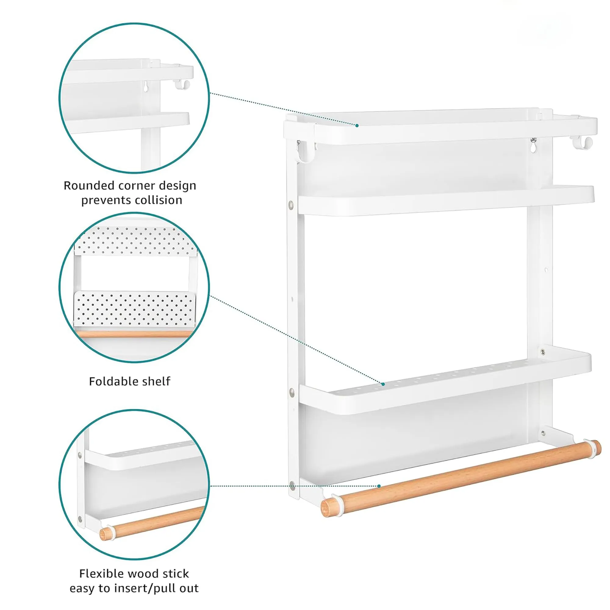 Kuber Industries 2 Tier Iron Fridge Side Rack with Single Wooden Towel/Tissue Holder Magnetic Kitchen Organizer Shelf for Refrigerator & Bathroom | White