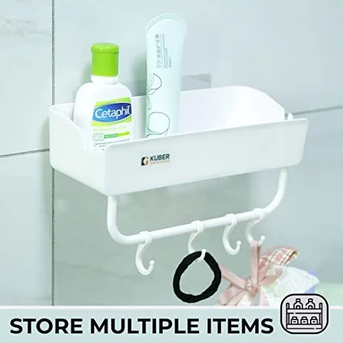 Kuber Industries Bathroom & Kitchen Organizer with Hooks for Hanging Kitchen & Bathroom Accessories|Multi-use Rectangular Wall Shelves|Self-Adhesive PP|A2912|Set of 2|White (Pack of 2)