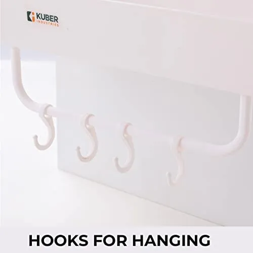 Kuber Industries Bathroom & Kitchen Organizer with Hooks for Hanging Kitchen & Bathroom Accessories|Multi-use Rectangular Wall Shelves|Self-Adhesive PP|A2912|Set of 2|White (Pack of 2)