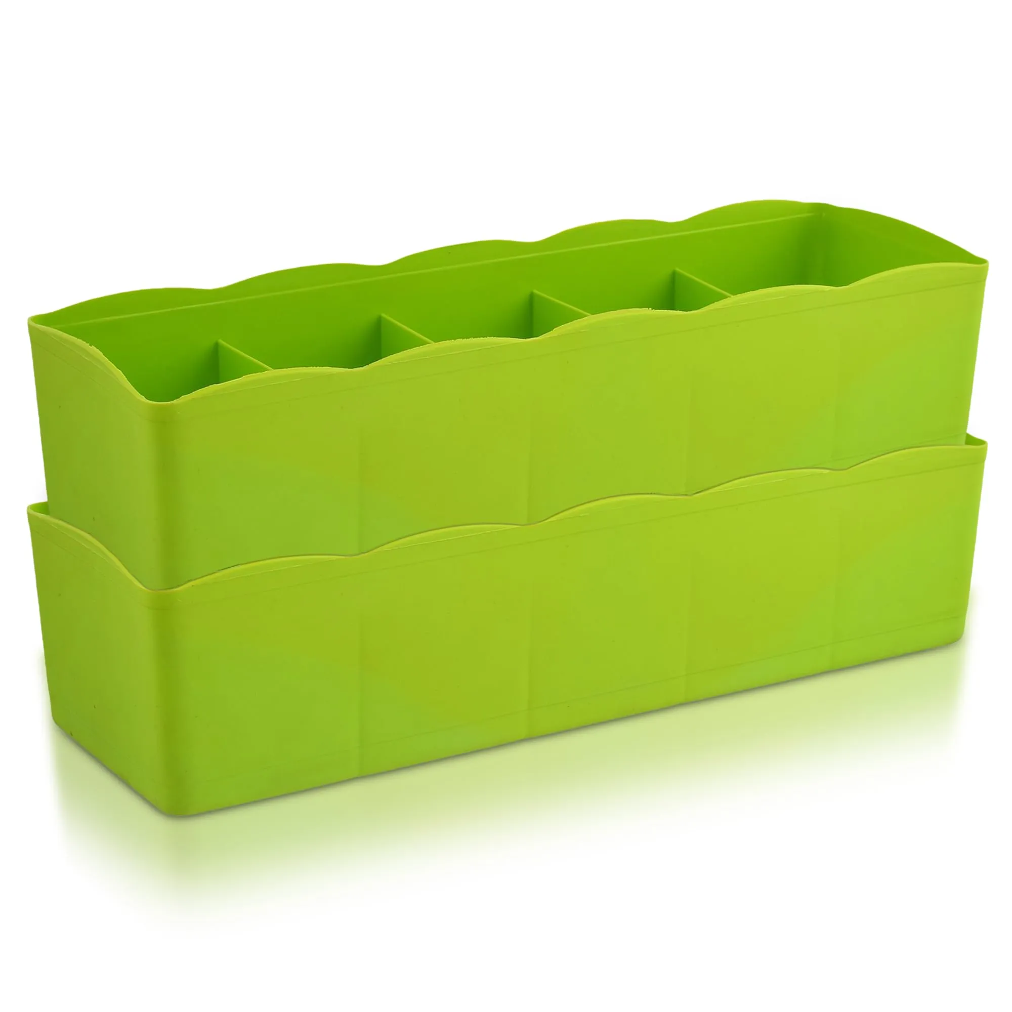 Kuber Industries Drawer Organizer | Plastic Undergarment Organizer for Socks-Ties | Stackable Drawer Divider Box | Closet Storage Box | 5 Grid Stationery Organizer | Pack of 2 | Green