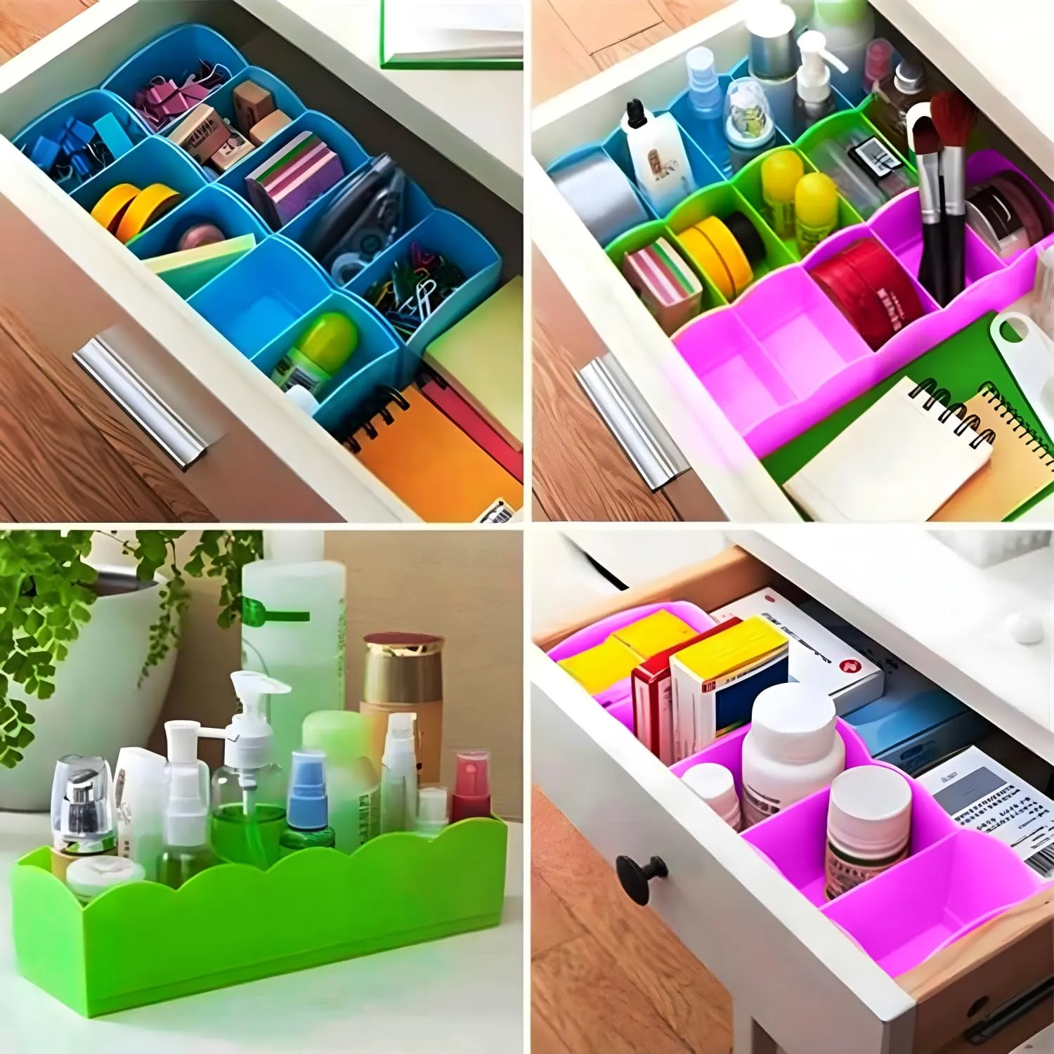 Kuber Industries Drawer Organizer | Plastic Undergarment Organizer for Socks-Ties | Stackable Drawer Divider Box | Closet Storage Box | 5 Grid Stationery Organizer | Pack of 2 | Green