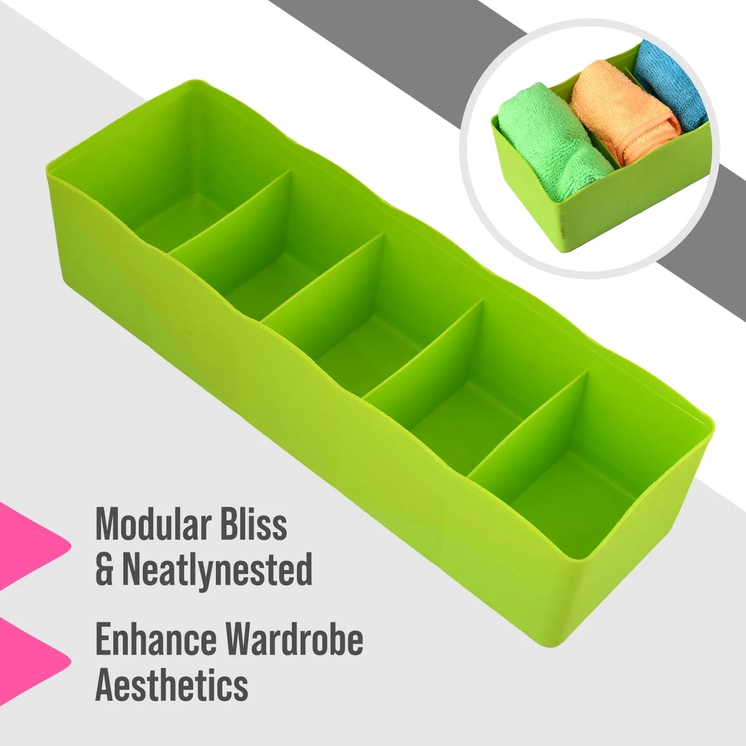 Kuber Industries Drawer Organizer | Plastic Undergarment Organizer for Socks-Ties | Stackable Drawer Divider Box | Closet Storage Box | 5 Grid Stationery Organizer | Pack of 2 | Green