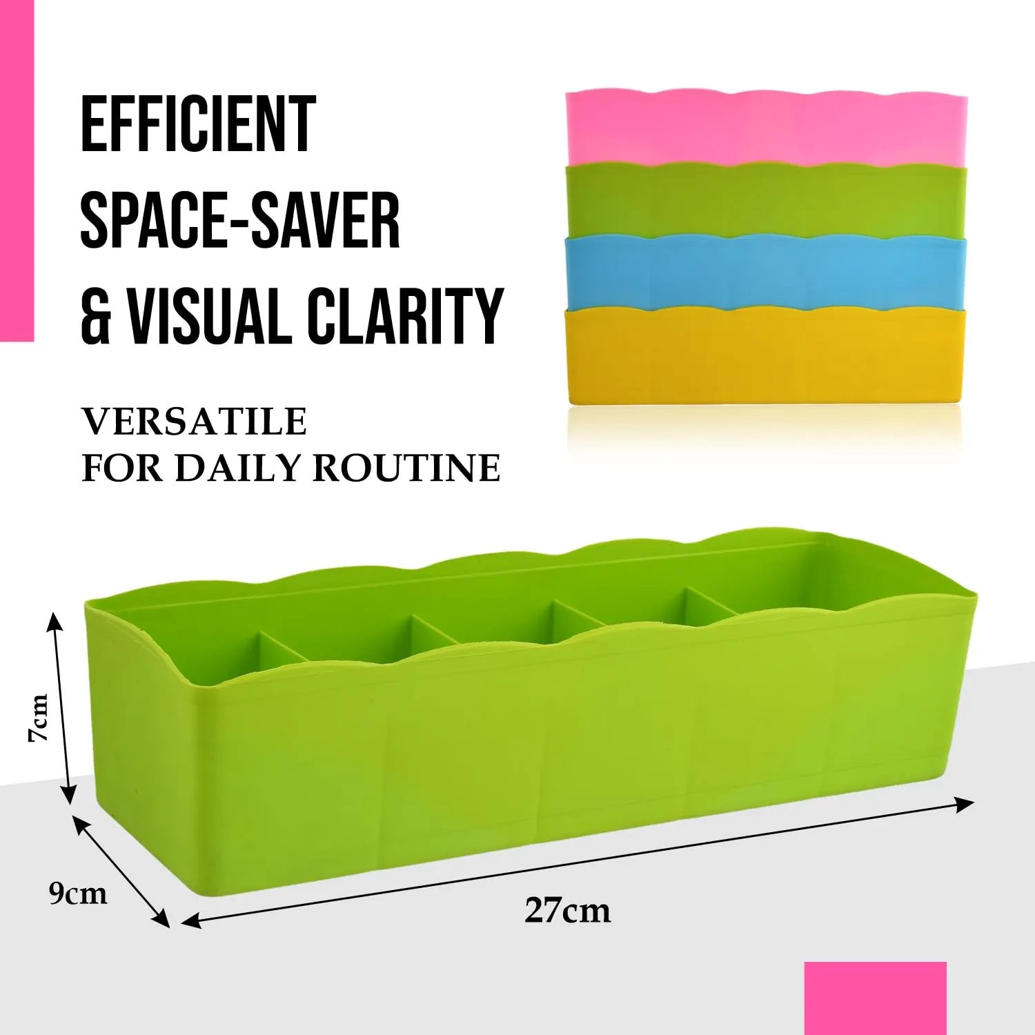 Kuber Industries Drawer Organizer | Plastic Undergarment Organizer for Socks-Ties | Stackable Drawer Divider Box | Closet Storage Box | 5 Grid Stationery Organizer | Pack of 2 | Green