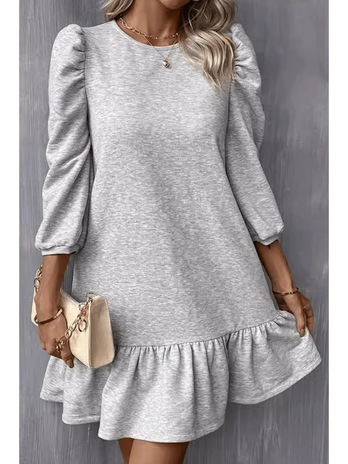 Light Grey Solid Color Ruffle Hem Bracelet sleeve Round Neck Dress