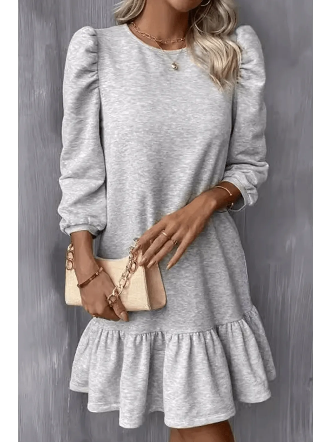 Light Grey Solid Color Ruffle Hem Bracelet sleeve Round Neck Dress