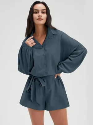 Long Sleeve V Neck Buttoned Shorts Jumpsuit