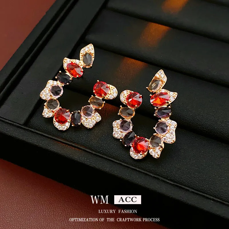 Luxurious Irregular U-Shape Copper Zircon Inlay Earrings