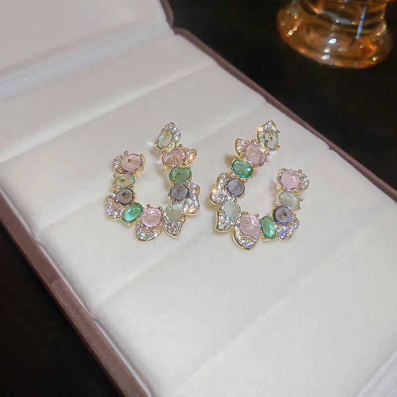 Luxurious Irregular U-Shape Copper Zircon Inlay Earrings