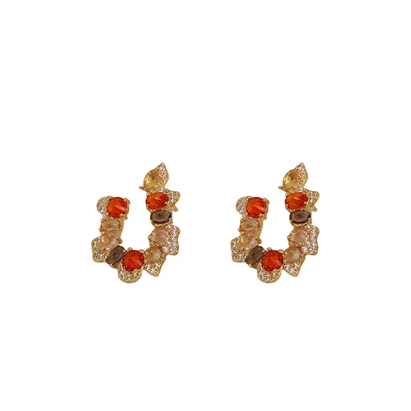 Luxurious Irregular U-Shape Copper Zircon Inlay Earrings