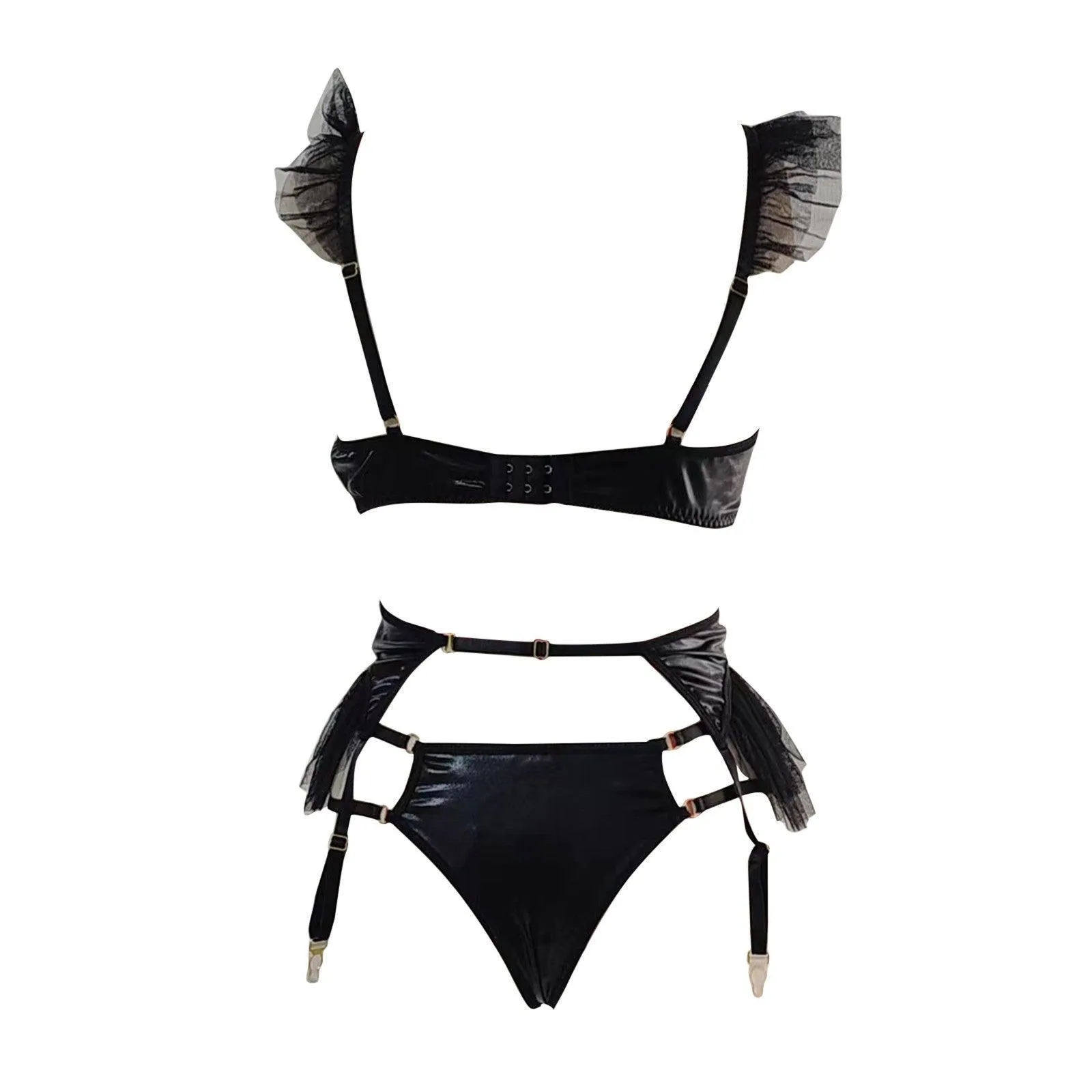 Luxurious Leather Mesh Fluffy Edge Lingerie Set