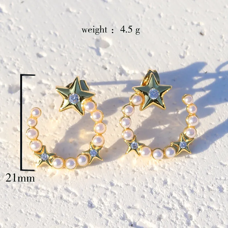 Luxurious Pentagram Geometric Zircon Pearl Inlay Earrings