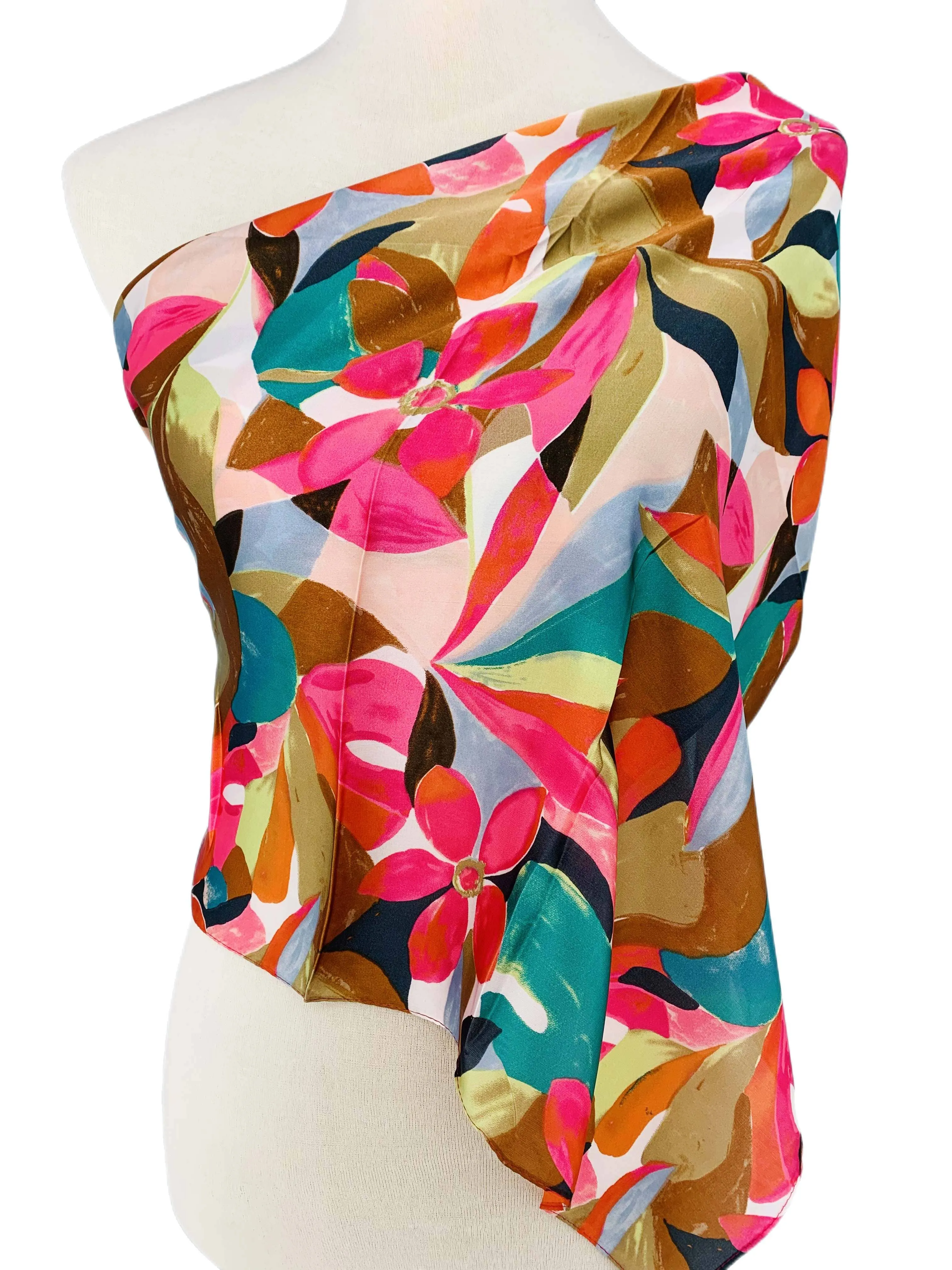 Luxurious Silk-Feel Square Scarf--Fuchsia Floral