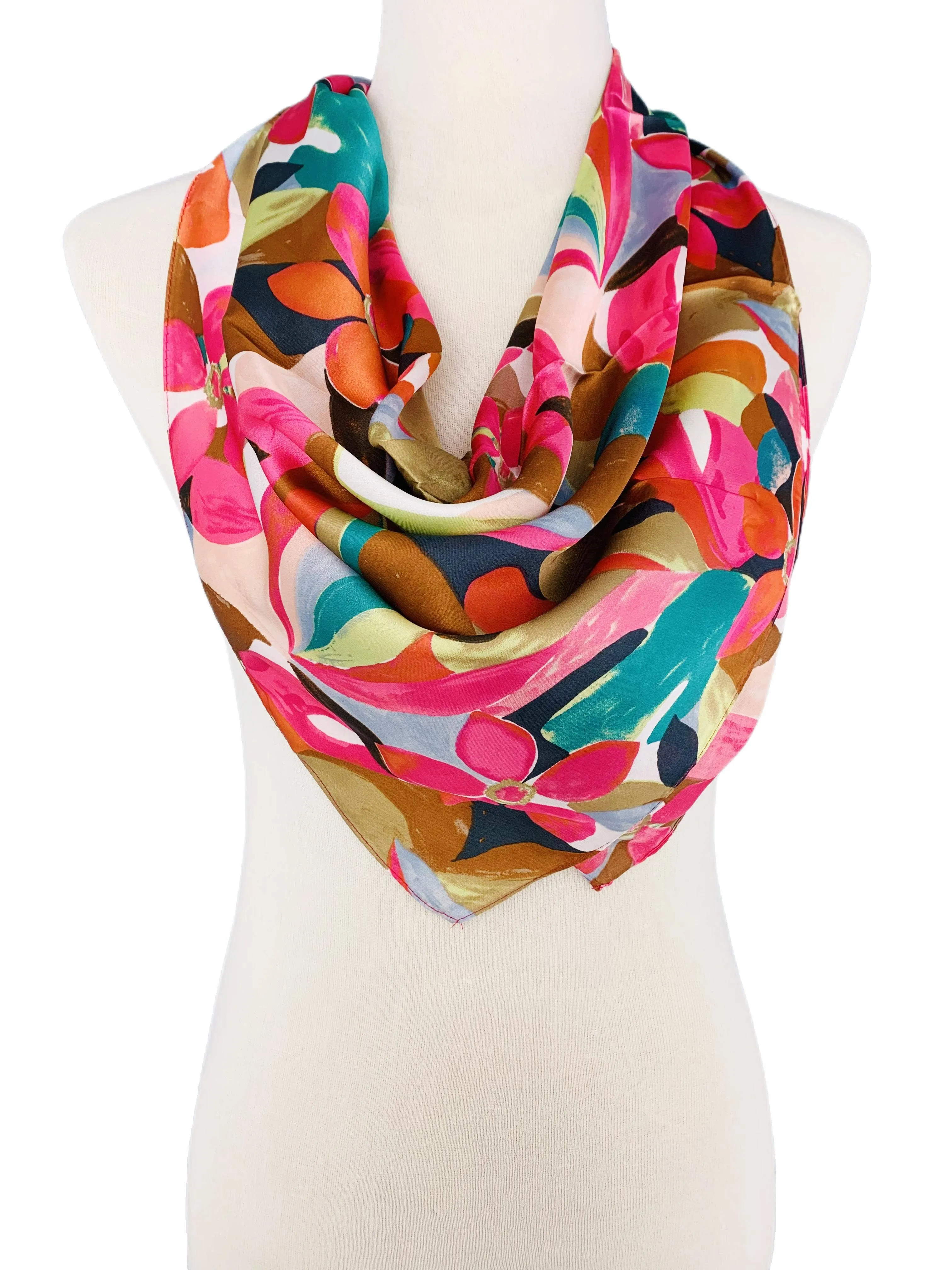 Luxurious Silk-Feel Square Scarf--Fuchsia Floral