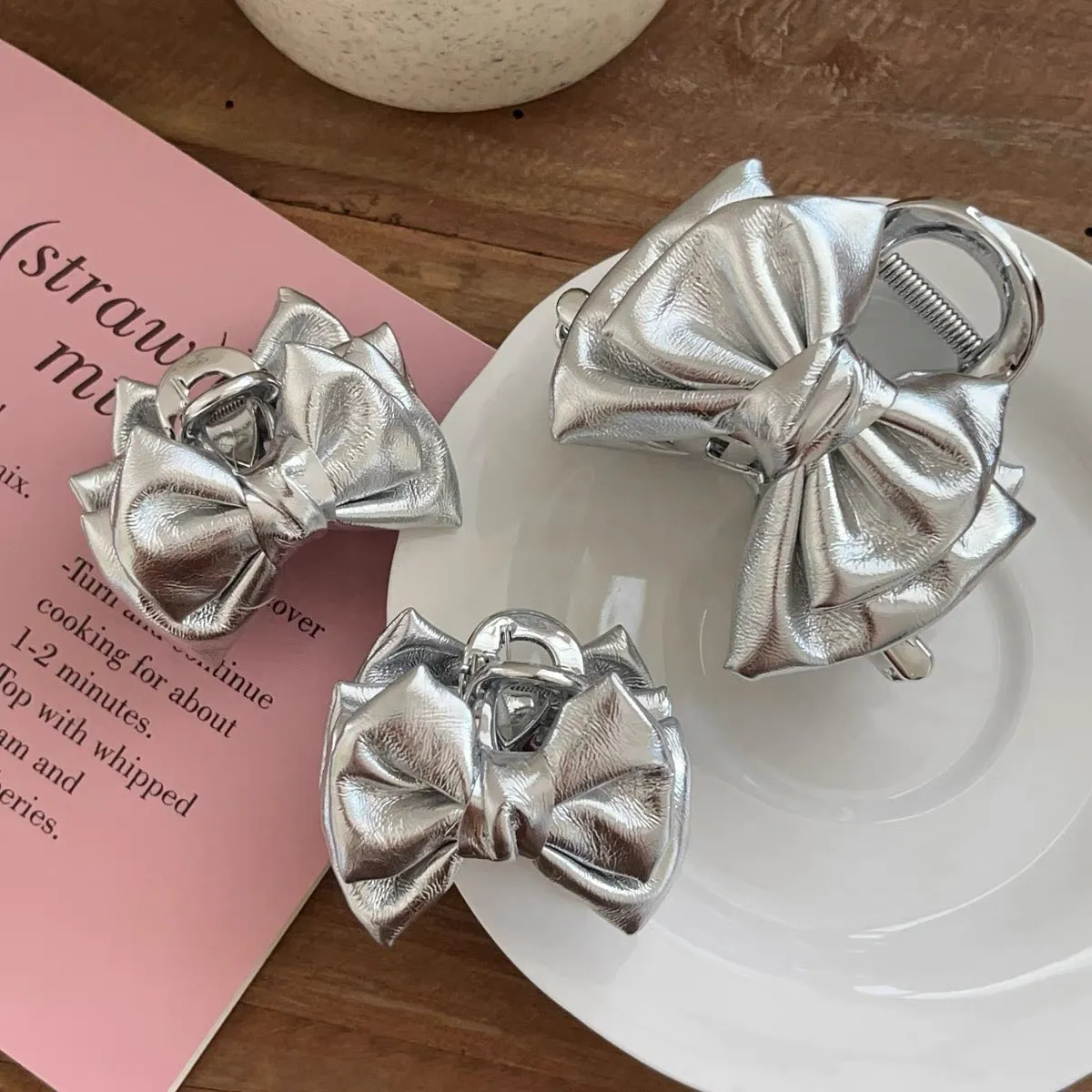 Luxurious Silver Satin Bow Clips