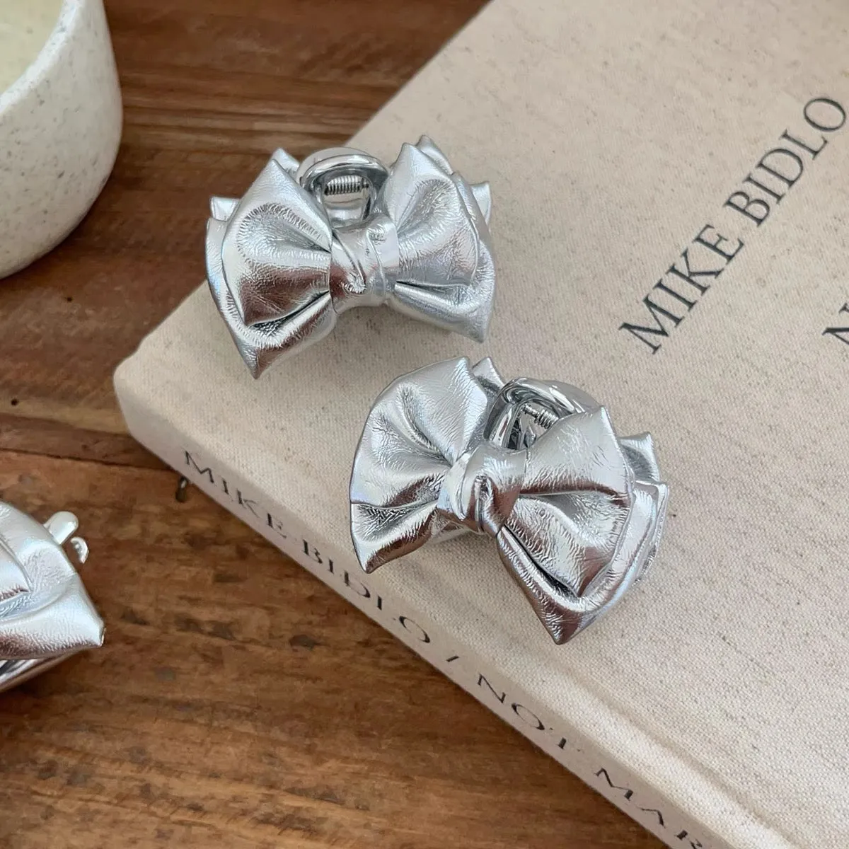 Luxurious Silver Satin Bow Clips