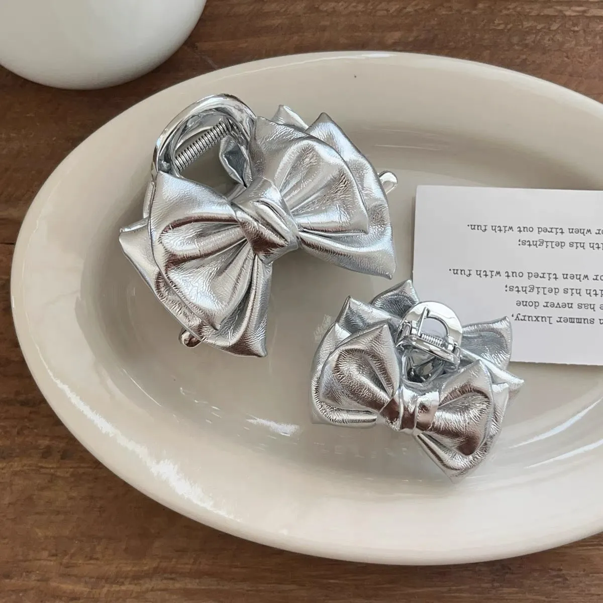 Luxurious Silver Satin Bow Clips