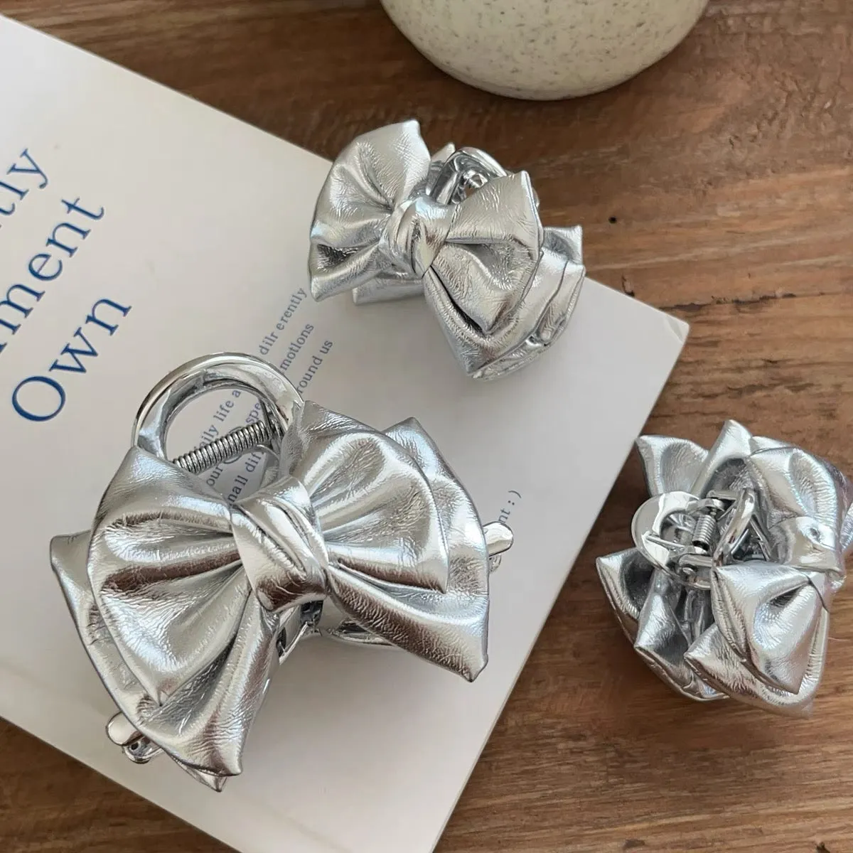 Luxurious Silver Satin Bow Clips