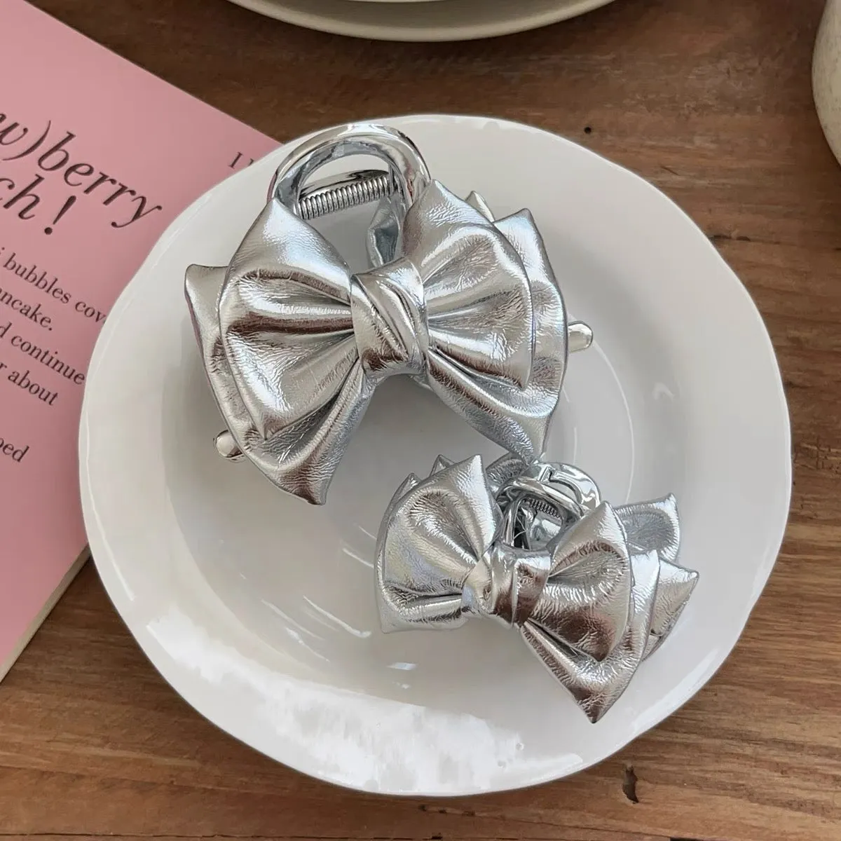 Luxurious Silver Satin Bow Clips