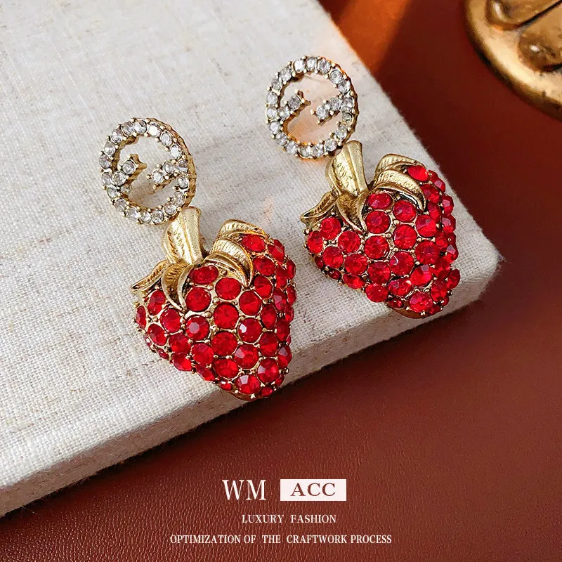 Luxurious Strawberry Fruit Alloy Diamond Inlay Earrings