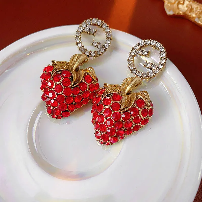 Luxurious Strawberry Fruit Alloy Diamond Inlay Earrings