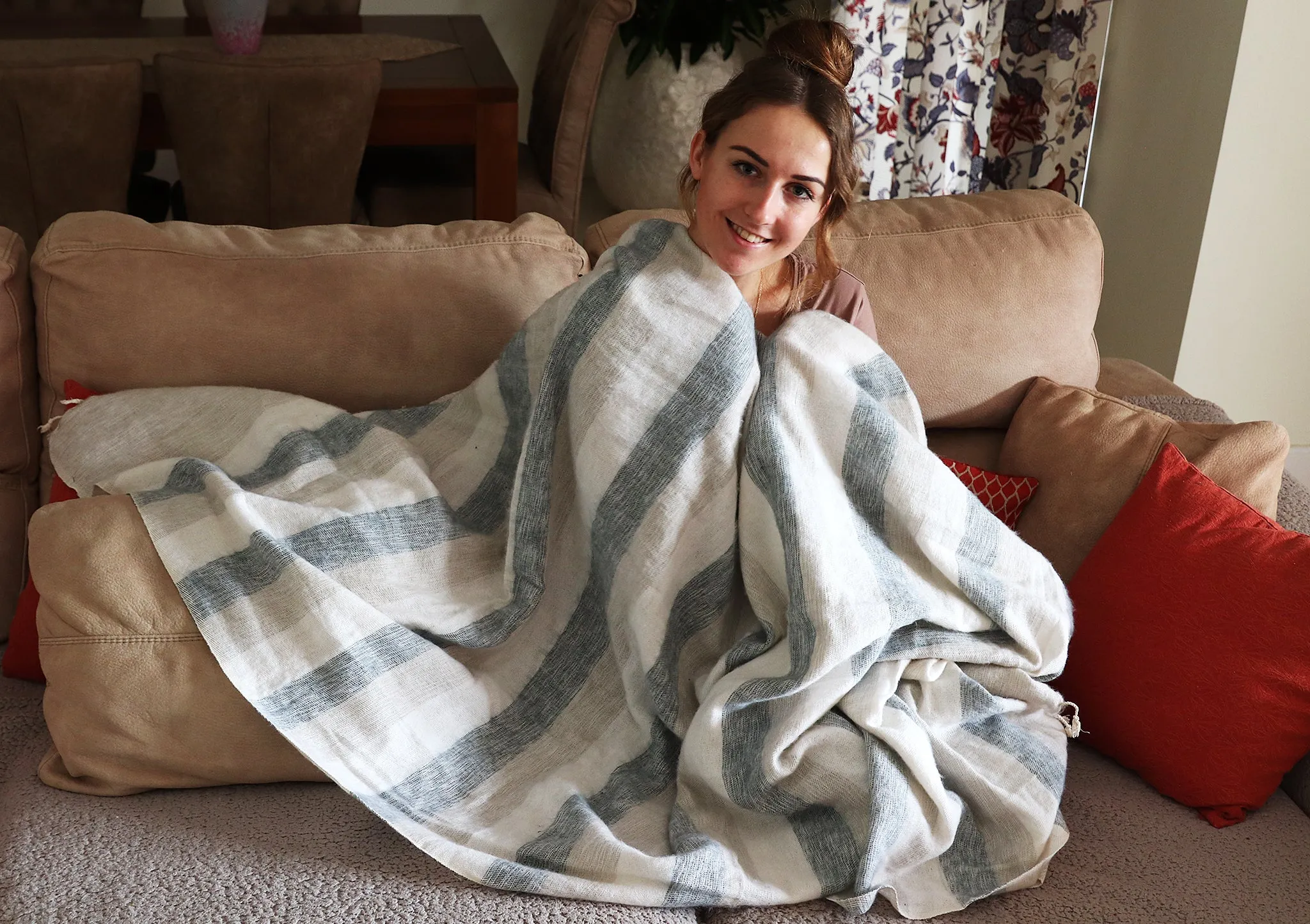 Luxurious White Grey Stripe Hand-loomed Yak Wool Blanket