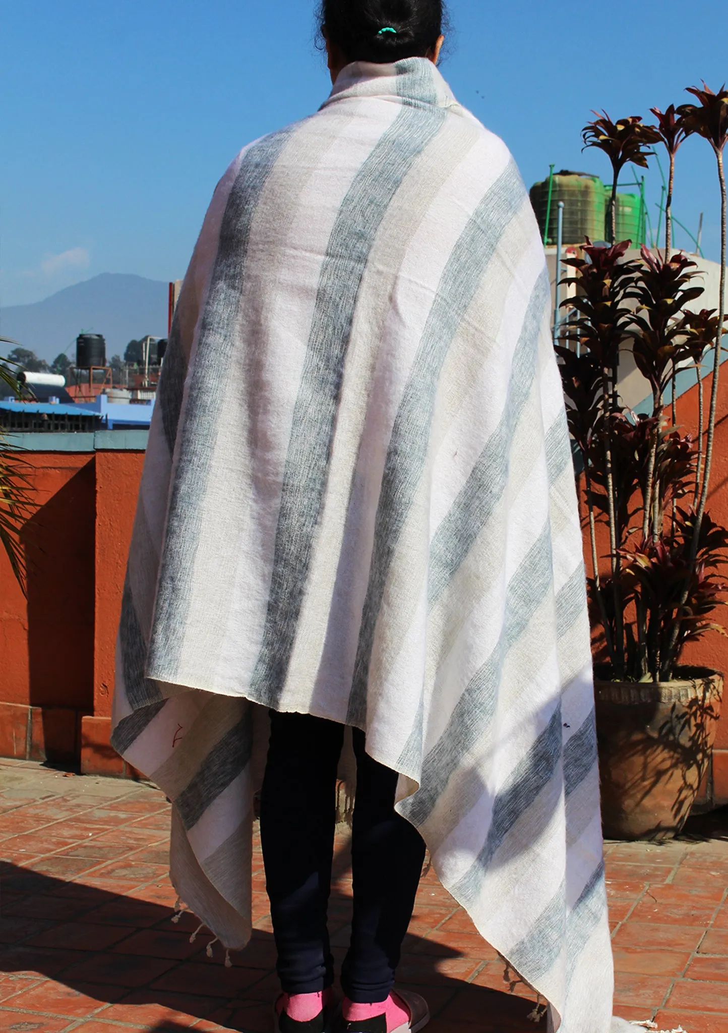 Luxurious White Grey Stripe Hand-loomed Yak Wool Blanket