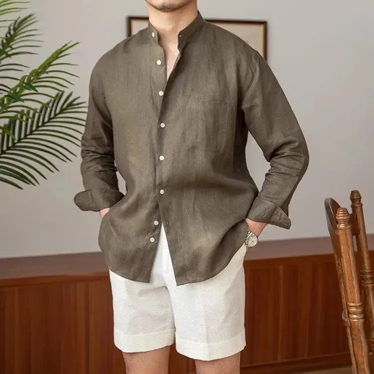 Mandarin Colar Linen Shirt - Cross & Crown