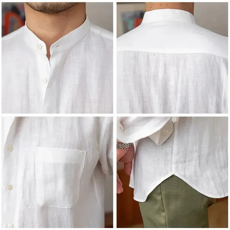 Mandarin Colar Linen Shirt - Cross & Crown