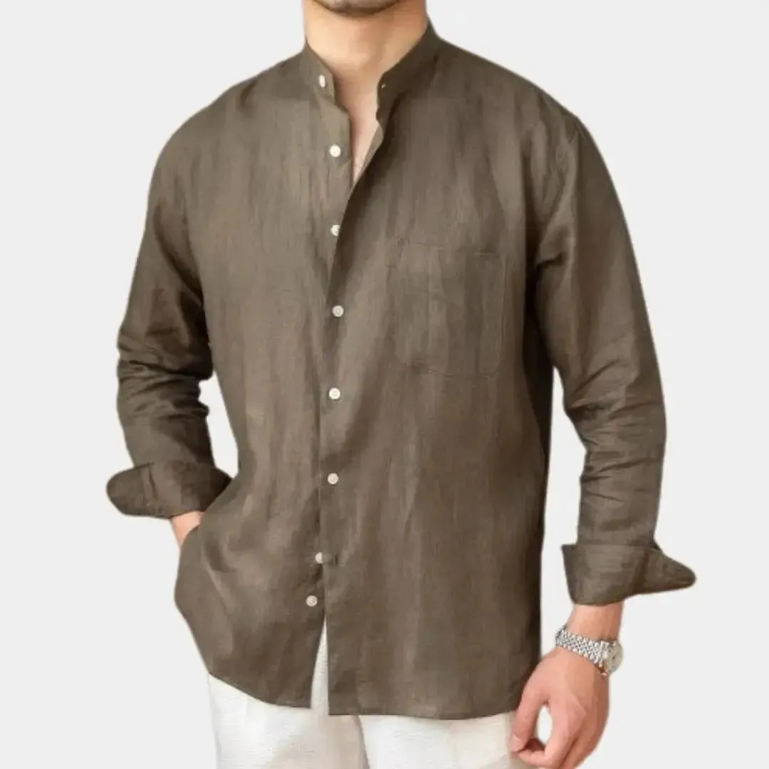 Mandarin Colar Linen Shirt - Cross & Crown