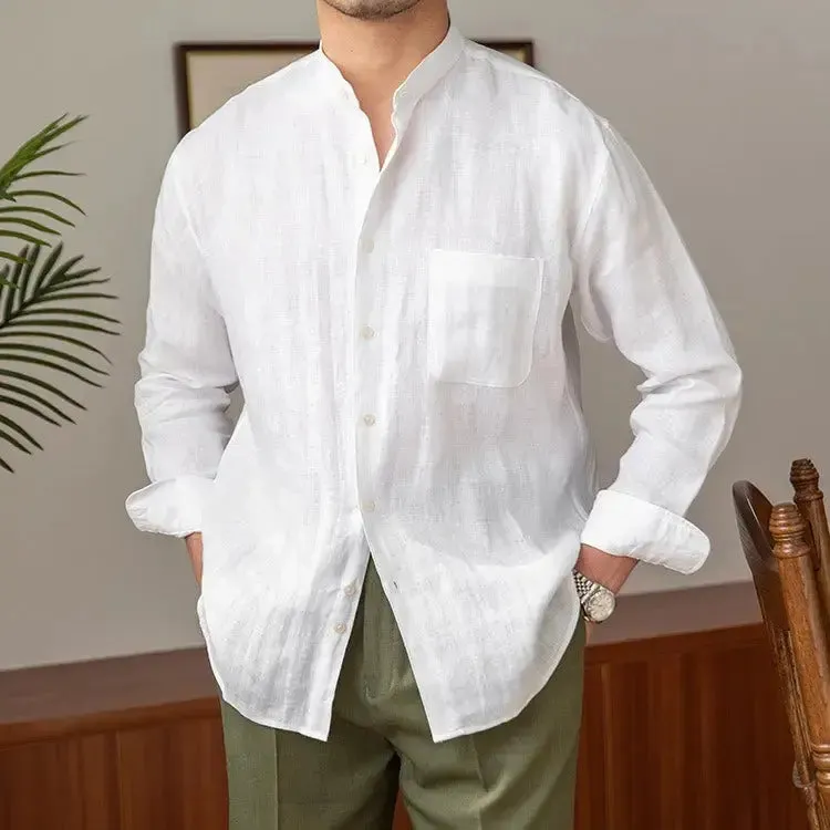 Mandarin Colar Linen Shirt - Cross & Crown