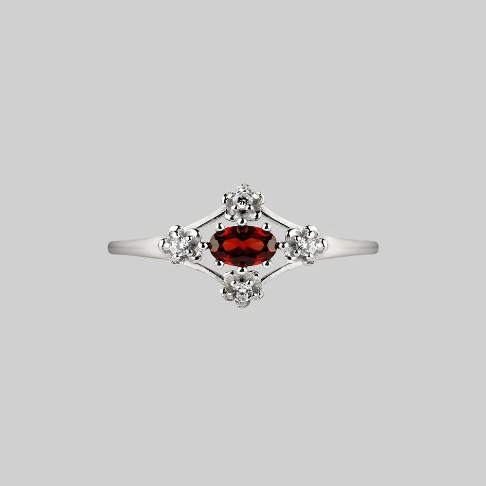 MARTHA. Ornate Garnet Floral Ring - Silver