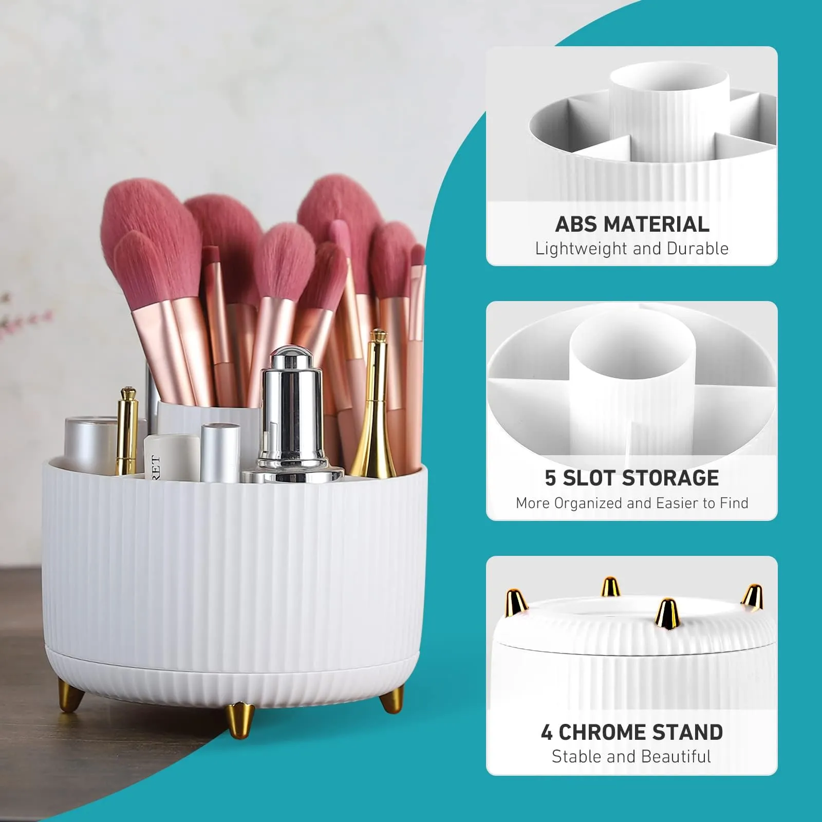 MASUGER 360° Rotating Makeup Brush Holder Organizer 5 Slot Vanity Decor White