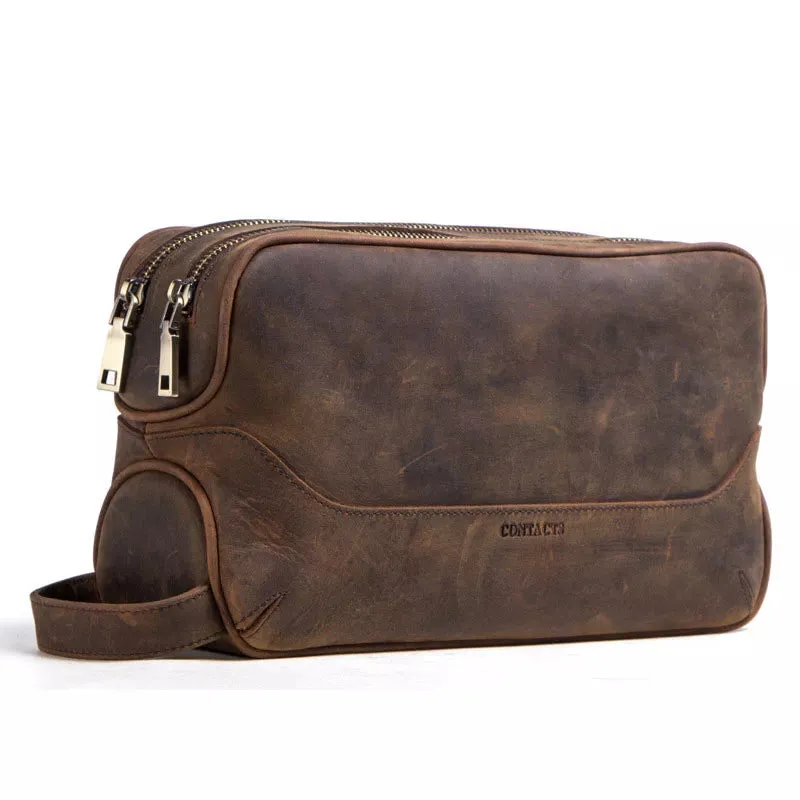 Men's Crazy Horse Leather Double Zip Toiletry Bag