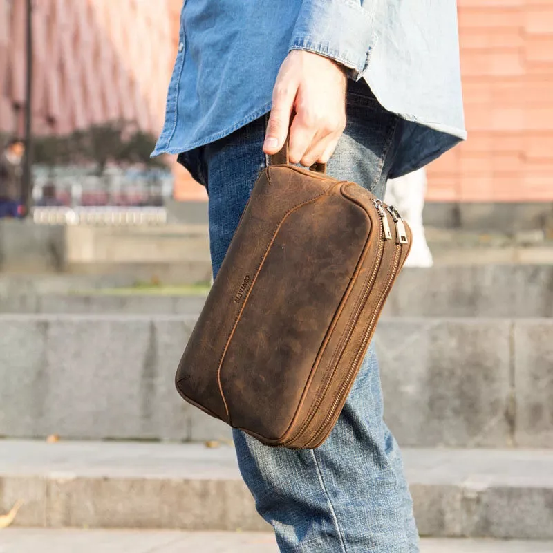 Men's Crazy Horse Leather Double Zip Toiletry Bag