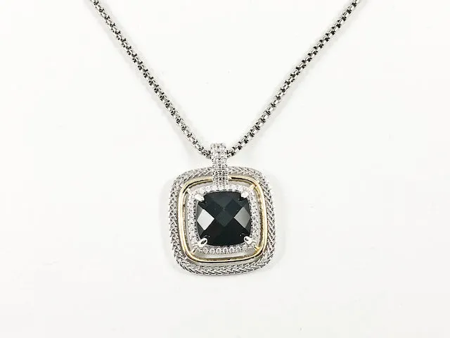 Modern Layered Square Shape With Center Black CZ & Two Tone Design Brass Necklace