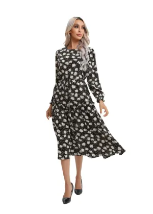 Modest Floral Midi Dress with Light Front Tie