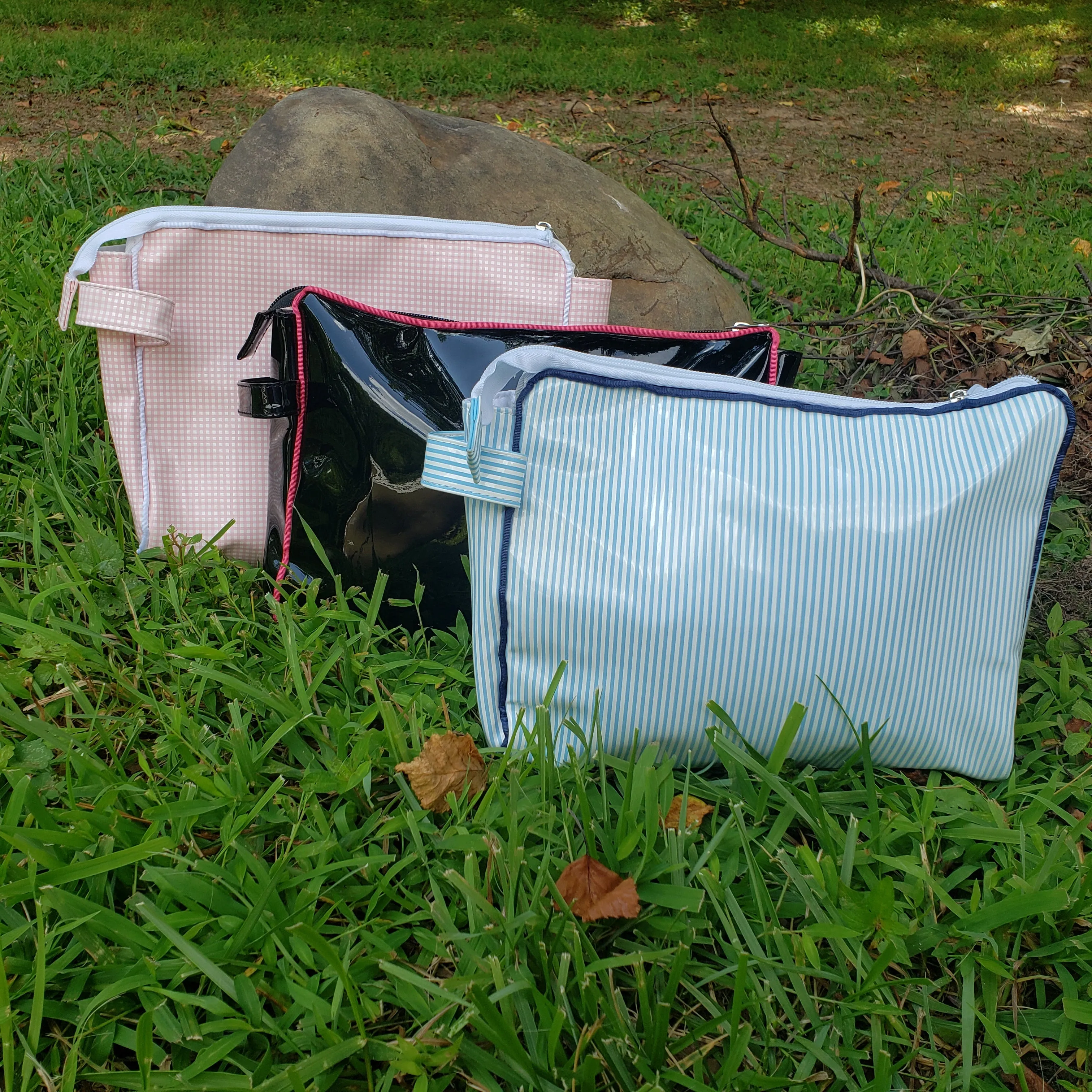 Navy and Light Blue Striped Vinyl Toiletry Pouch