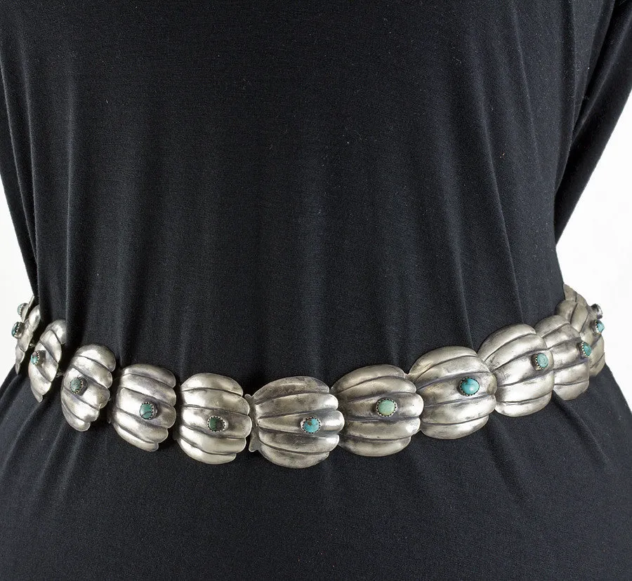 Ornate Sterling Silver and Turquoise 29" Concho Belt