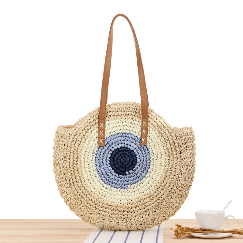 Paziye Round One Shoulder Straw Woven Beach Bag