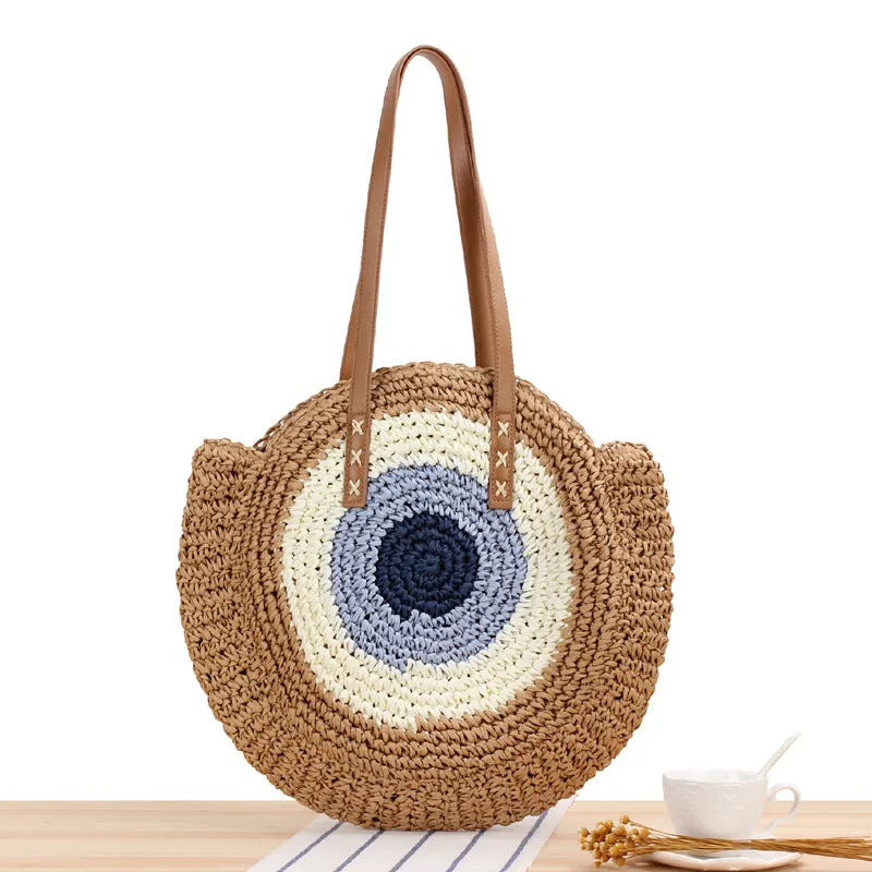 Paziye Round One Shoulder Straw Woven Beach Bag