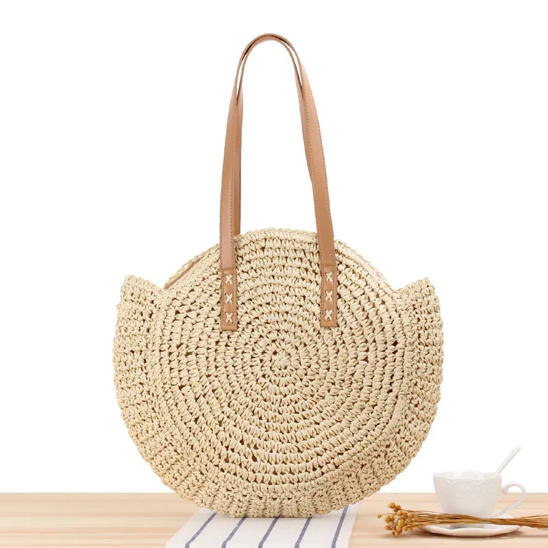 Paziye Round One Shoulder Straw Woven Beach Bag