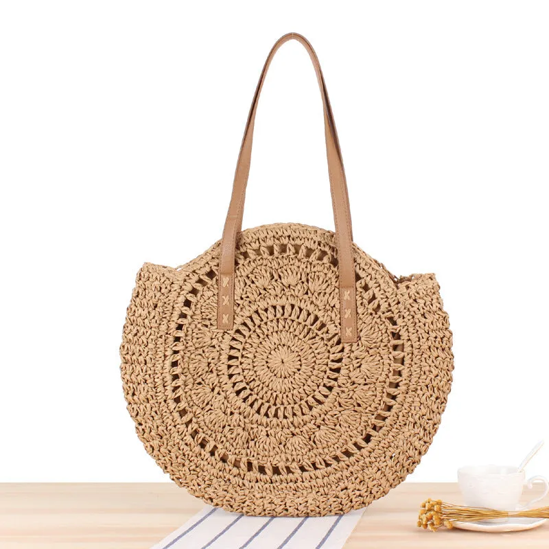 Paziye Round One Shoulder Straw Woven Beach Bag