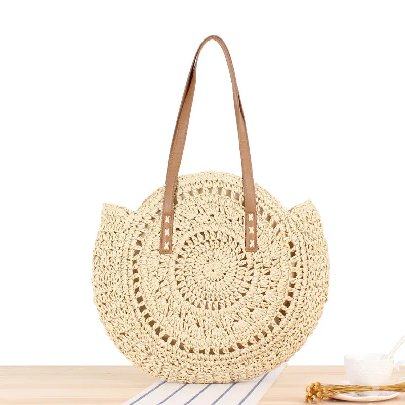 Paziye Round One Shoulder Straw Woven Beach Bag