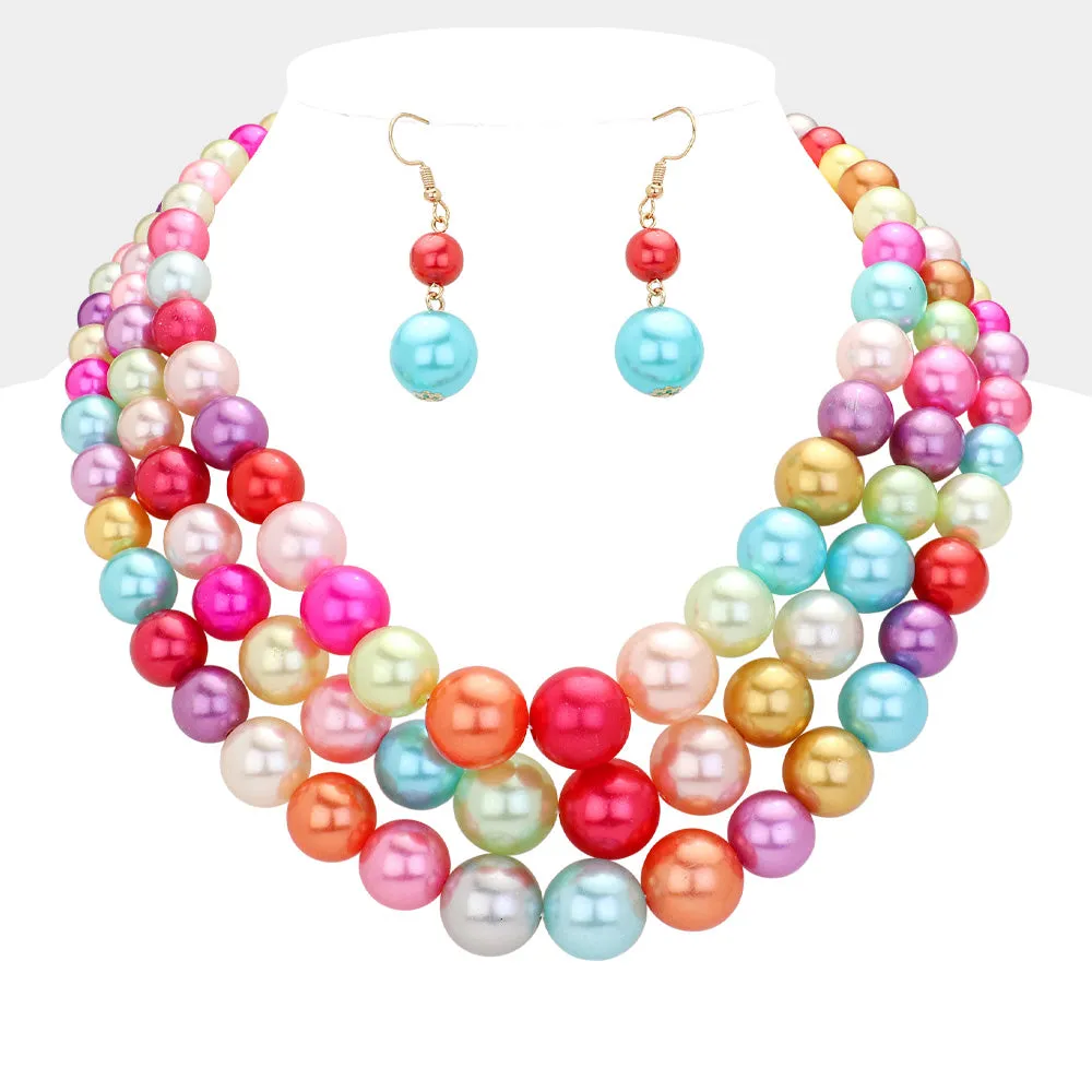 Pearl Layered Chunky Necklace with matching earrings